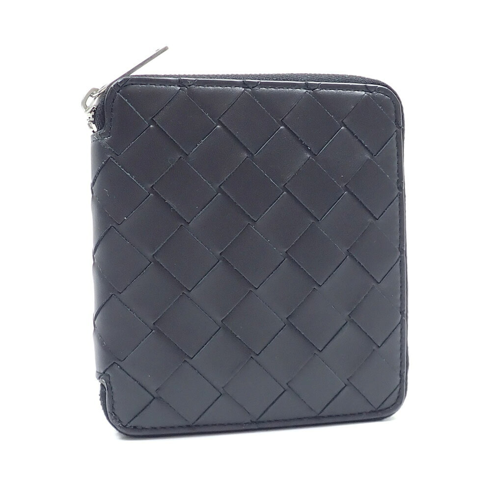 Bottega Veneta Round Wallet, Intrecciato Weave, Black Leather, 701387, Women'...